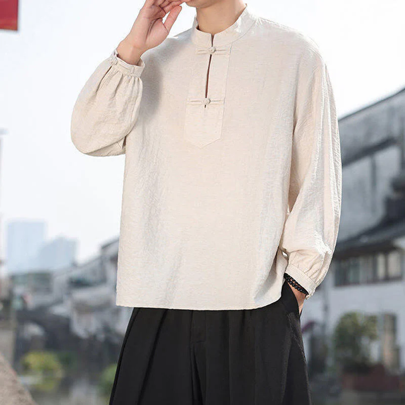 Buddha Stones Two Frog-Button Stand Collar Long Sleeve Men's Cotton Shirt