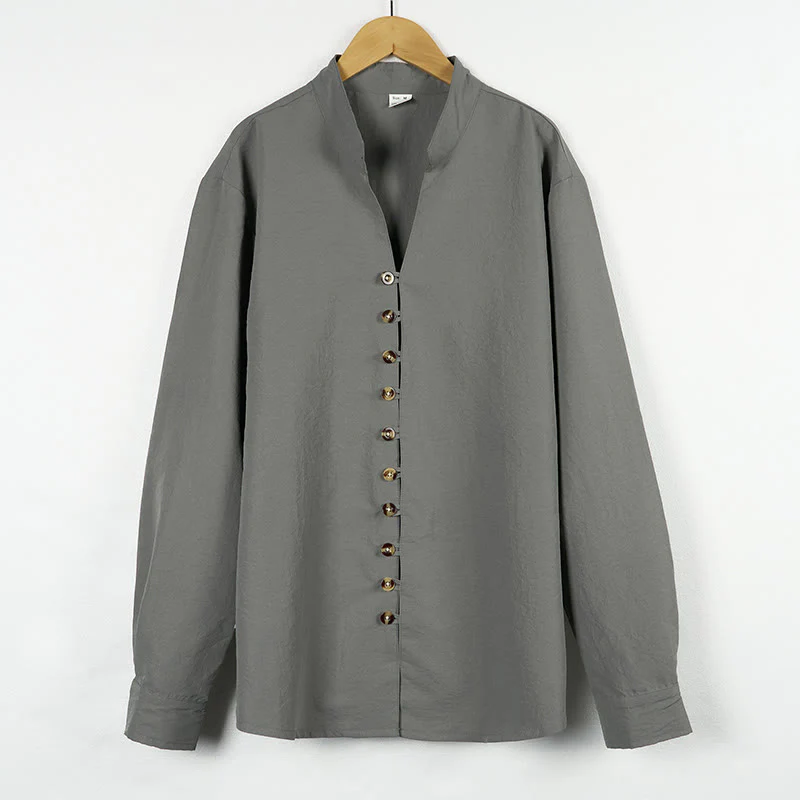 Buddha Stones Solid Color Buttons Fall Long Sleeve Linen Men's Shirt