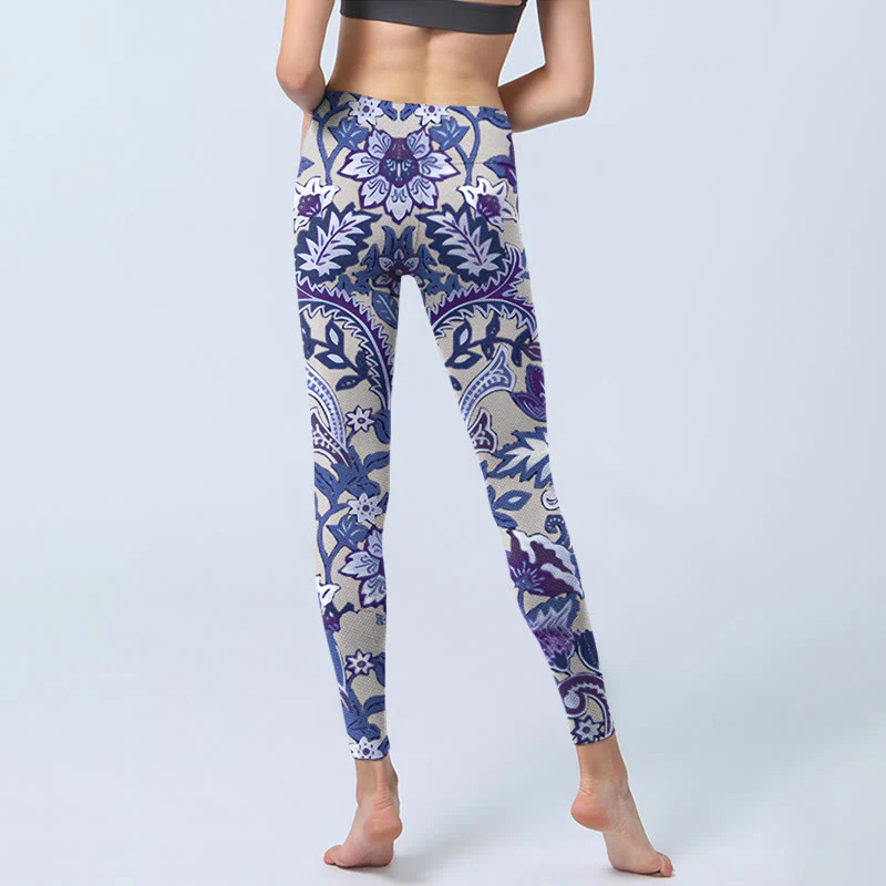 Buddha Stones Purple Flower Leaves Print Gym Fitness Leggings Women's Yoga Pants