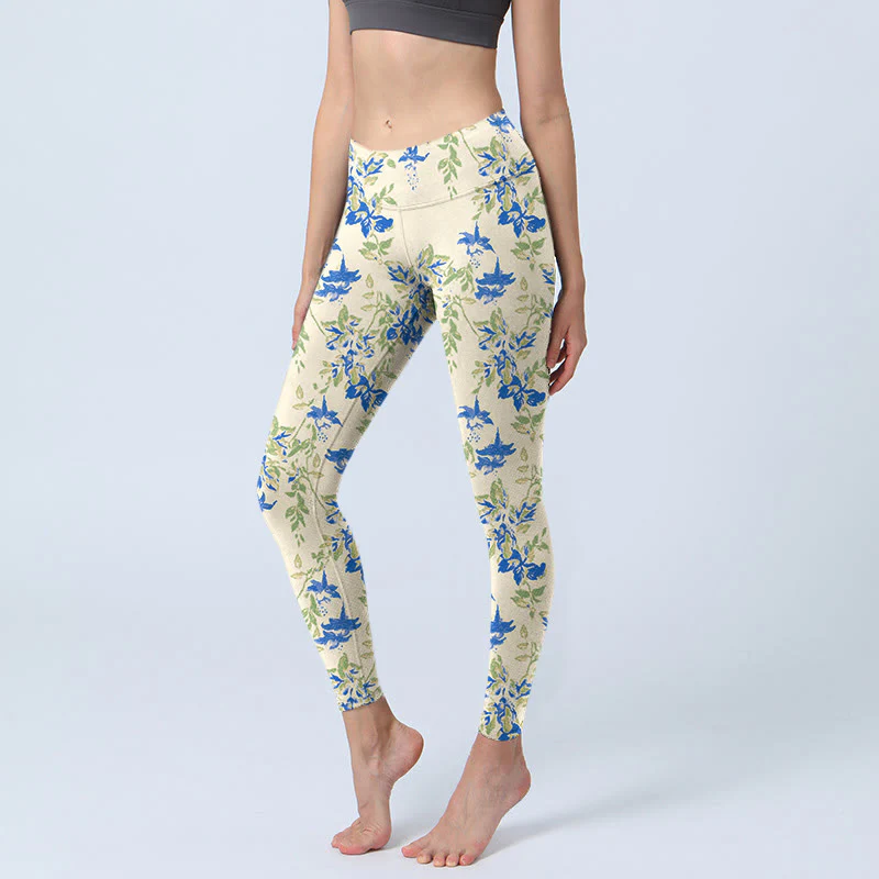 Buddha Stones Casual Dark Blue Flower Leaves Print Gym Fitness Leggings Women's Yoga Pants