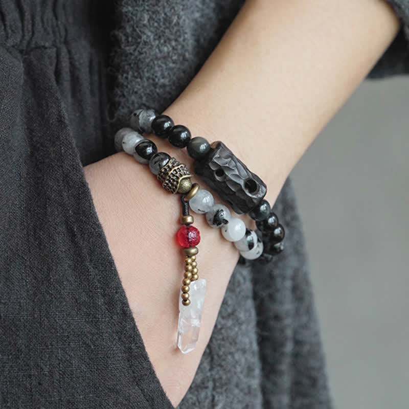 Buddha Stones Black Rutilated Quartz Ebony Wood White Crystal Success Couple Bracelet