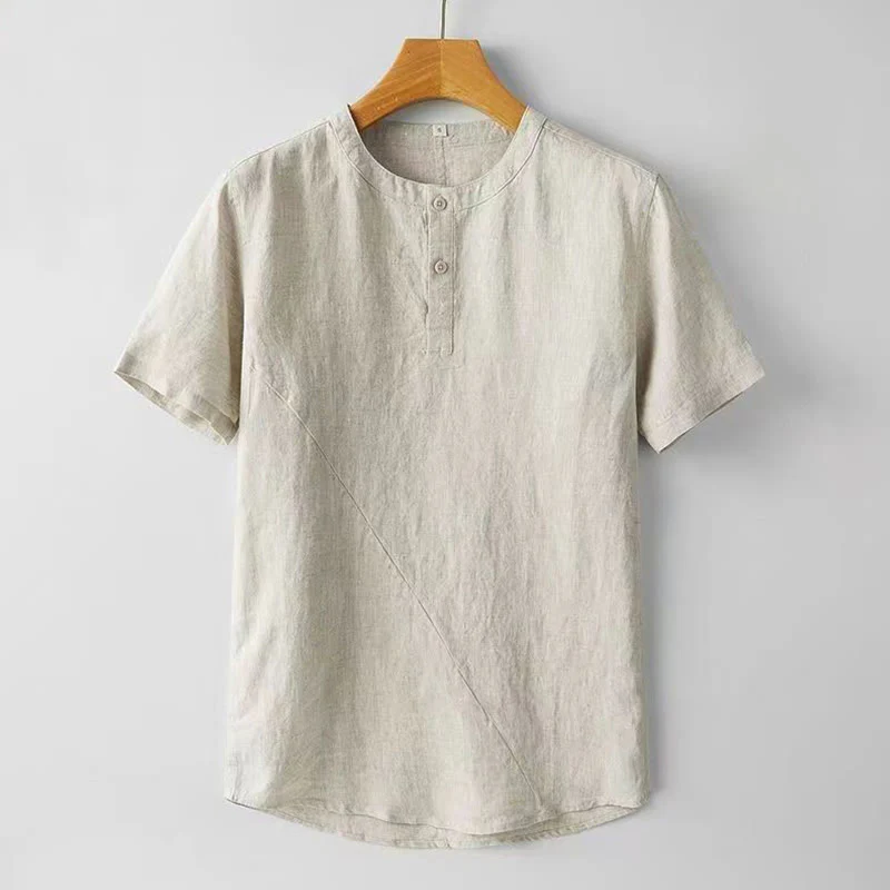 Buddha Stones Summer Men's Solid Color Button Short Sleeve Cotton Linen Shirt