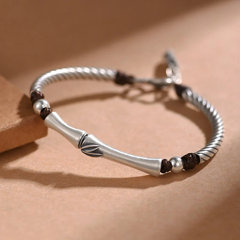 Buddha Stones 999 Sterling Silver Bamboo Pattern Cicada Luck Wealth Bracelet