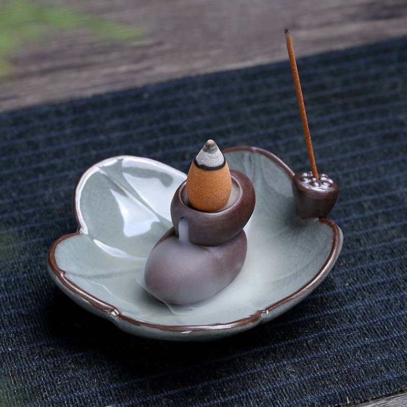 Buddha Stones Lotus Plum Blossom Square Ceramic Spiritual Backflow Incense Burner