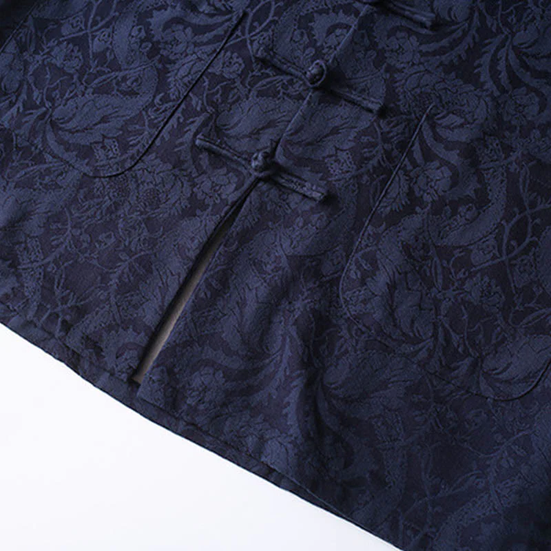 Buddha Stones 2Pcs Men's Tang Suit Jacquard Vine Pattern Frog-Button Cotton Long Sleeve Shirt Pants Set