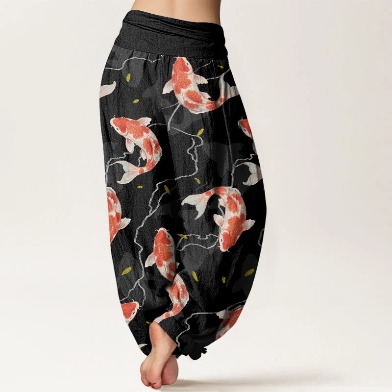 Buddha Stones Red White Koi Fish Pattern Design Women's Elastic Waist Harem Pants