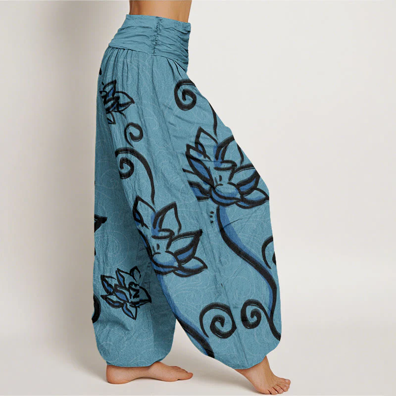 Buddha Stones Casual Lotus Auspicious Clouds Design Women's Elastic Waist Harem Pants