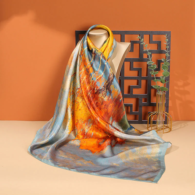 Buddha Stones Oil Painting City Snow Scene Castle Lotus 100% Mulberry Silk Neck Hair Scarf