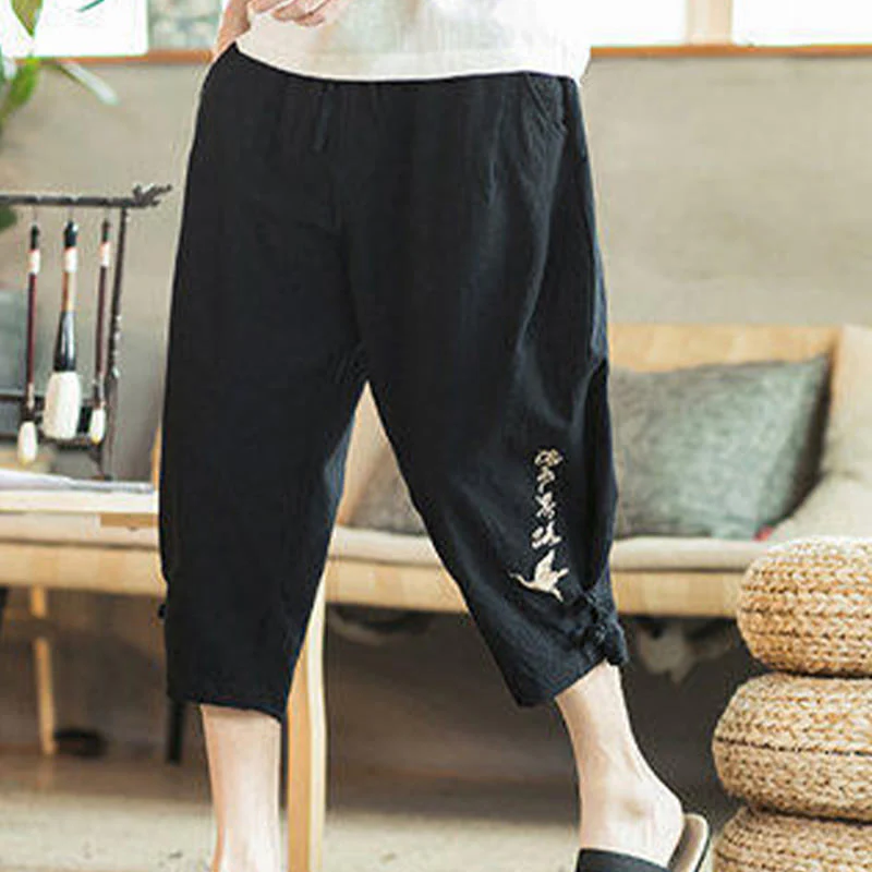 Buddha Stones Crane Embroidery Cotton Men's Cropped Harem Pants With Pockets