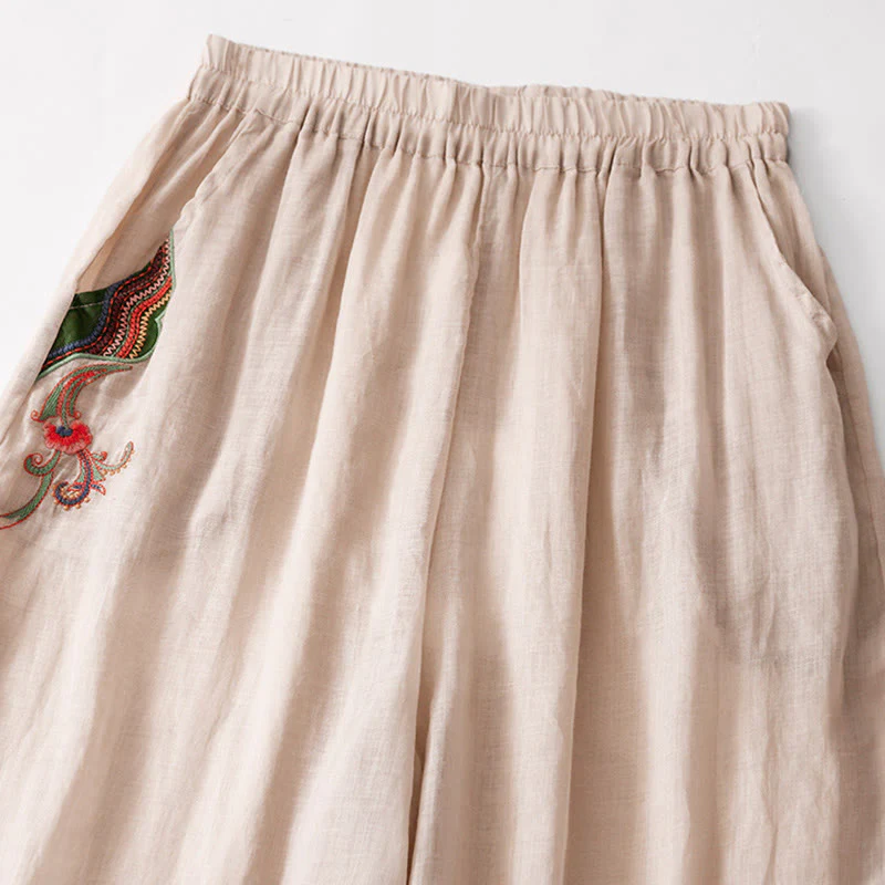 Buddha Stones Casual Flower Embroidery Women's Cotton Linen Elastic Waist  Wide Leg Pants With Pockets