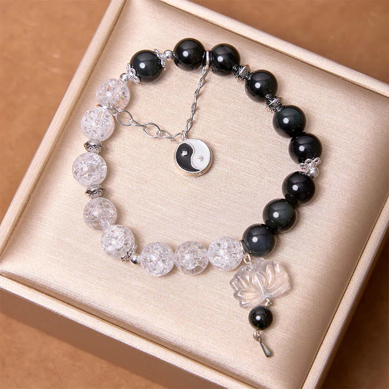 Buddha Stones Silver Sheen Obsidian Crackle Clear Quartz Black Rutilated Quartz Yin Yang Lotus Protection Bracelet