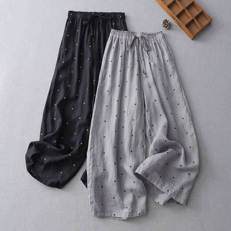 Buddha Stones Summer Casual Polka Dot Pattern Design Cotton Linen Women's Wide Leg Pants With Pockets