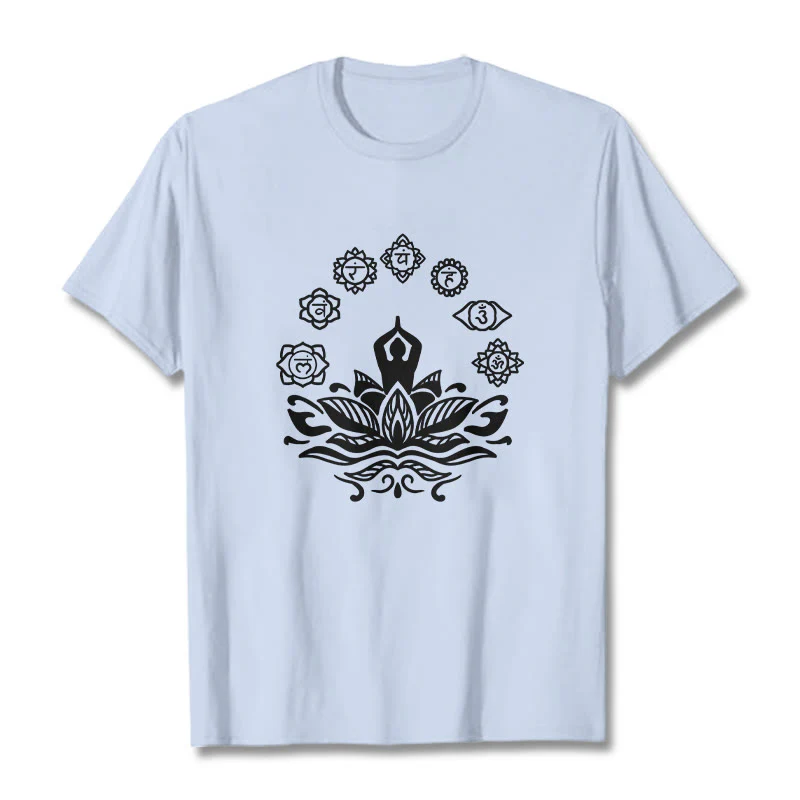 Buddha Stones Casual Meditating Figure Lotus Flower Seven Chakras Pattern Cotton Tee T-Shirt