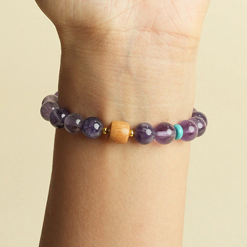 Buddha Stones Natural Amethyst Lucky Wooden Beads Peace Bracelet