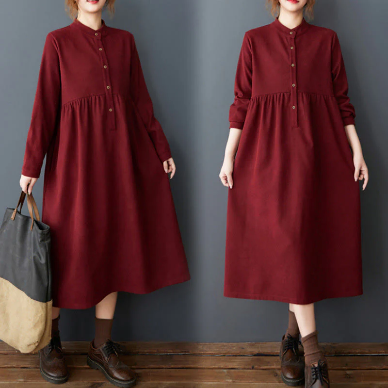 Buddha Stones Casual Plain Buttons Design Thermal Cotton Linen Midi Dress With Pockets
