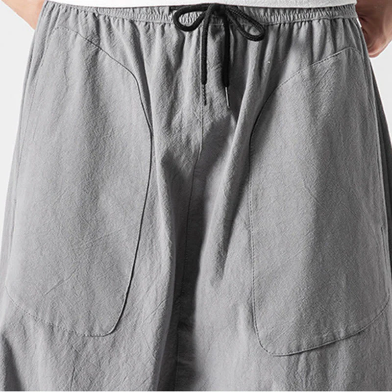 Buddha Stones Casual Low Crotch Design Drawstring Men's 7-8 Length Cotton Linen Wide Leg Pants With Pockets