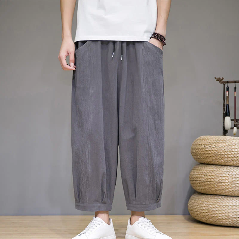 Buddha Stones Simple Cotton Men's Cropped Capri Harem Pants With Pockets