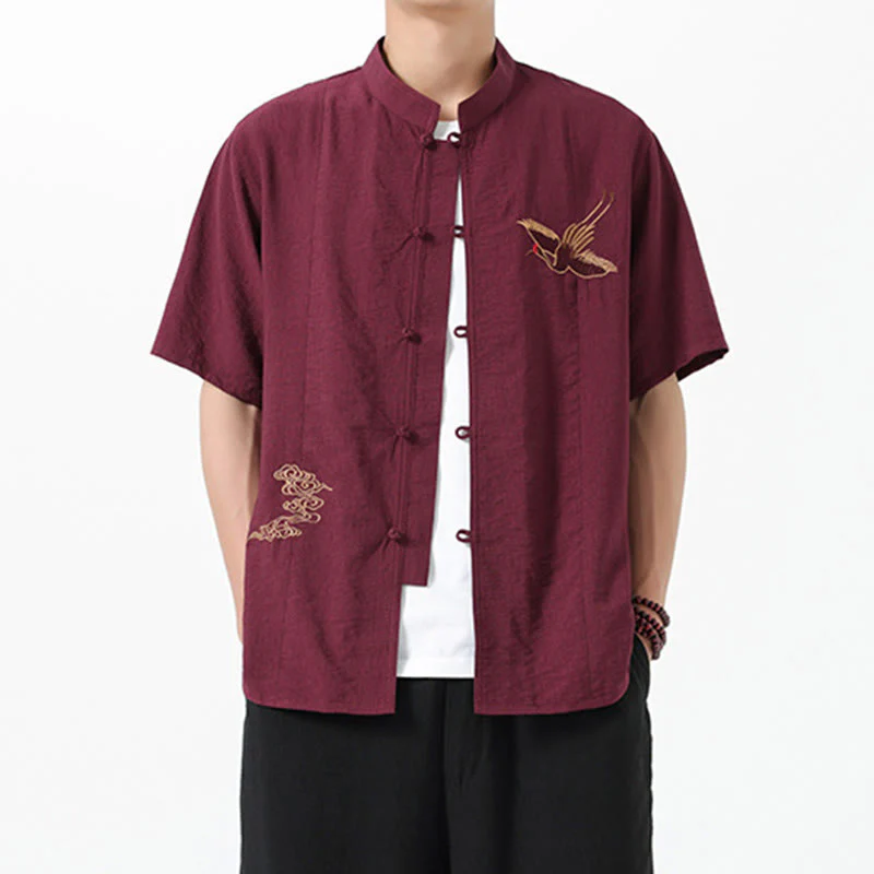 Buddha Stones Vintage Embroidery Buttons Design Stand Collar Men's Cotton Shirt