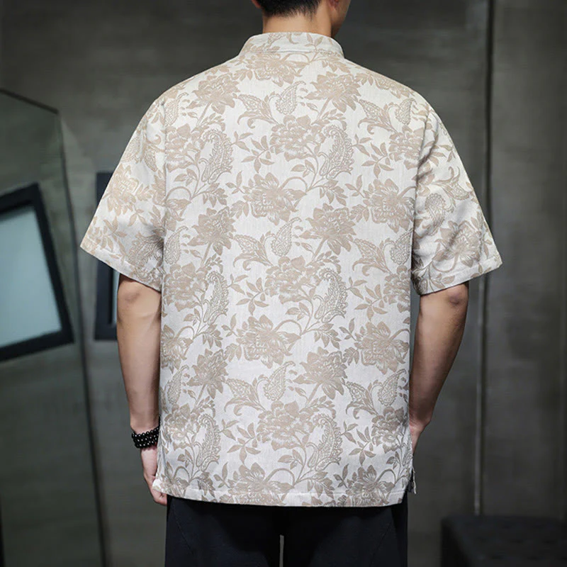 Buddha Stones Casual Jacquard Paisley Flower Plant Pattern Frog-Button Design Men's Cotton Shirt Cardigan With Pockets