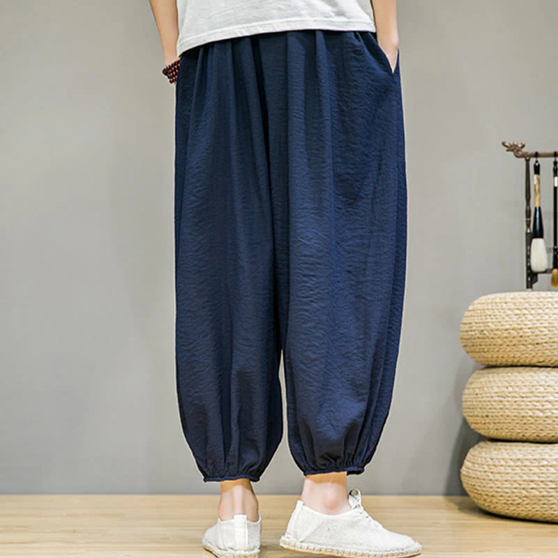 Buddha Stones Summer Plain Drawstring Men's Ankle-Length Cotton Harem Pants With Pockets