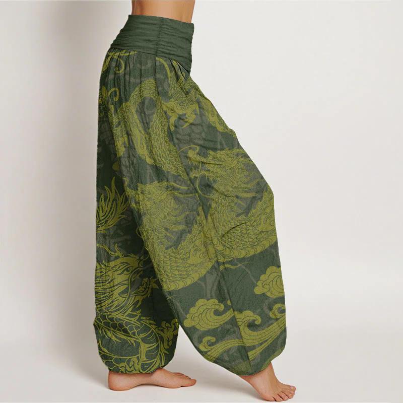 Buddha Stones Pure Cotton Dragon Auspicious Clouds Women's Elastic Waist Harem Pants