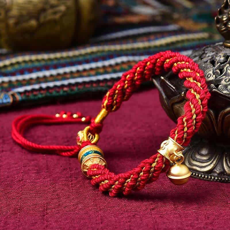 Buddha Stones Tibetan Handmade Luck Protection Thangka Prayer Wheel Bell Charm Braid String Bracelet