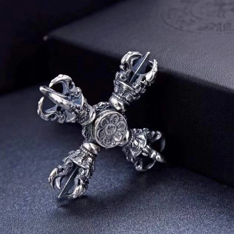 Buddha Stones Tibetan 925 Sterling Silver Double Dorje Vajra Engraved Spiritual Power Pendant