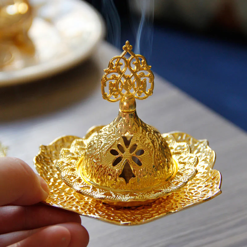 Buddha Stones Gold Leaf Coaster Spiritual Mini Alloy Metal Incense Burner