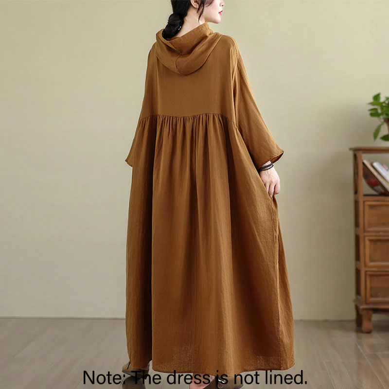 Buddha Stones Fall Hoodie Design Long Sleeve Cotton Linen Midi Dress With Pockets