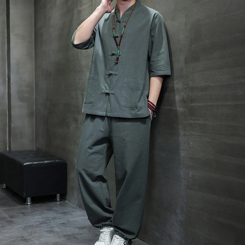 Buddha Stones 2Pcs Tang Suit Frog-Button Design Shirt Pants With Pockets Men's Cotton Linen Meditation Cloth Set