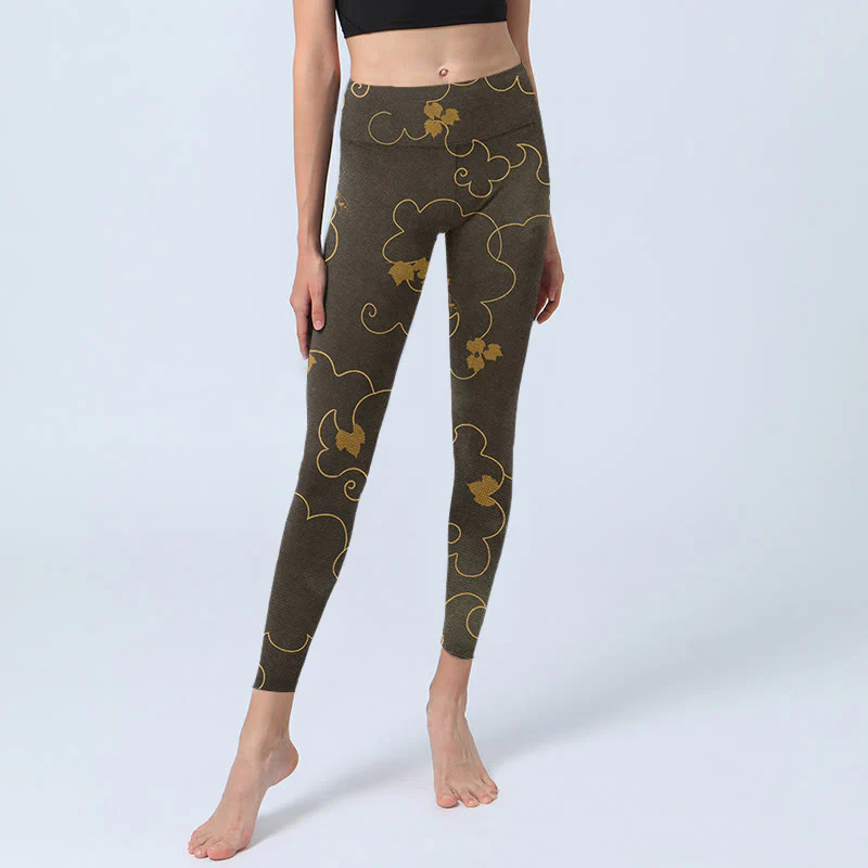 Buddha Stones Auspicious Cloud Maple Leaf Pattern Print Gym Leggings Women's Yoga Pants