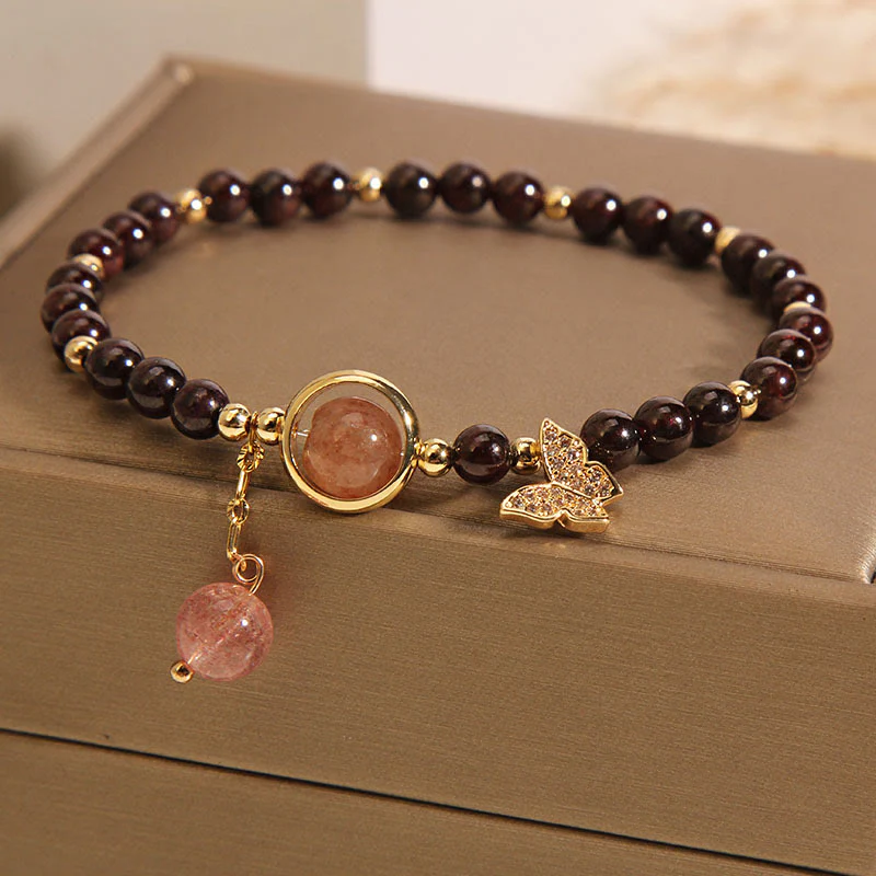 Buddha Stones Natural 3mm Ultra-thin Garnet Strawberry Quartz Butterfly Calm Bracelet