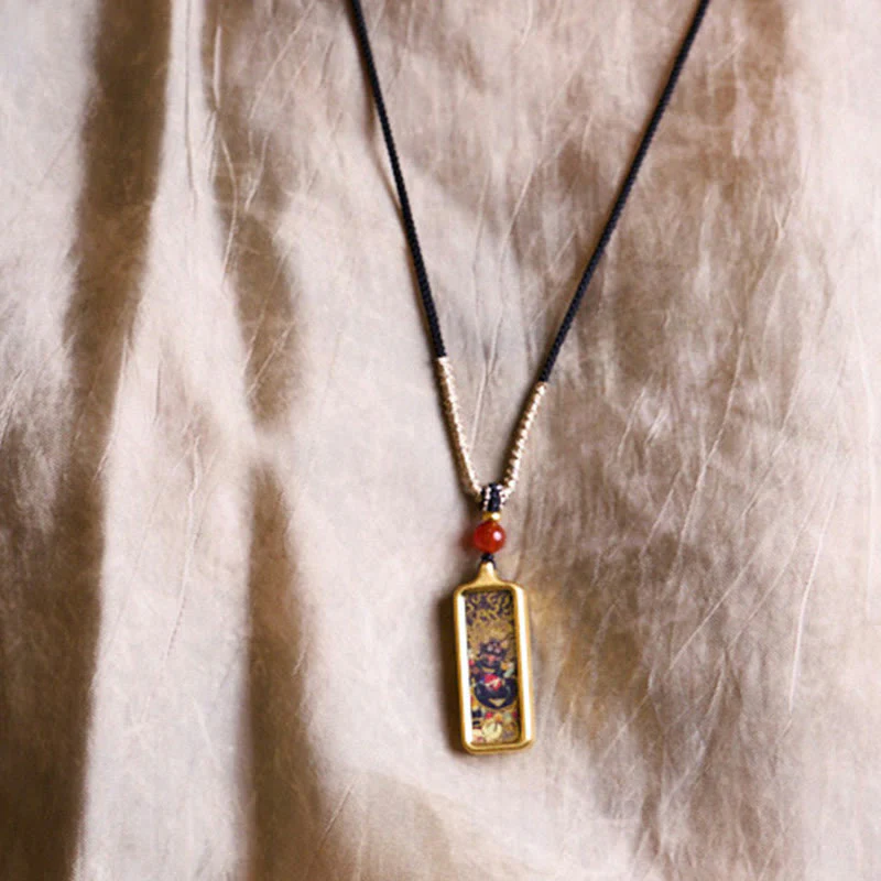 Buddha Stones Tibet Zakiram Yellow God of Wealth Nine Tailed Fox Hand-Painted Thangka Calm Necklace Pendant