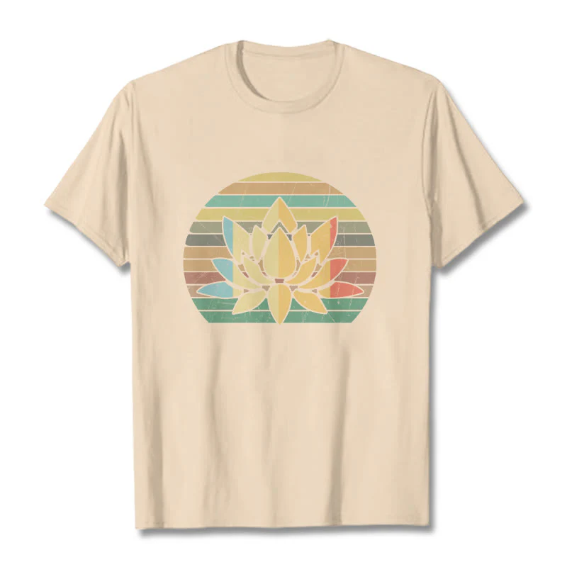 Buddha Stones Casual Retro Striped Background Lotus Flower Pattern Cotton Tee T-shirt