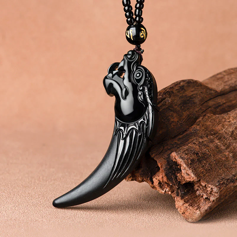Buddha Stones Natural Black Jade Chinese Zodiac Dragon Tooth Pattern Protection Necklace Pendant