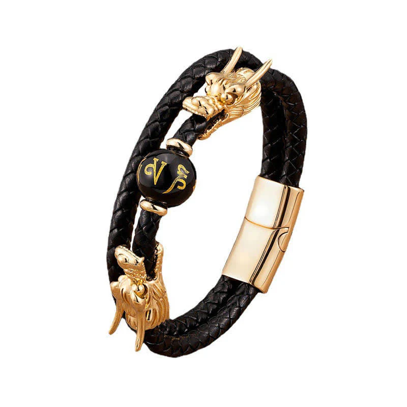 Buddha Stones Double Dragon Head Leather Stone Titanium Steel Success Bracelet (Extra 35% Off | USE CODE: FS35)