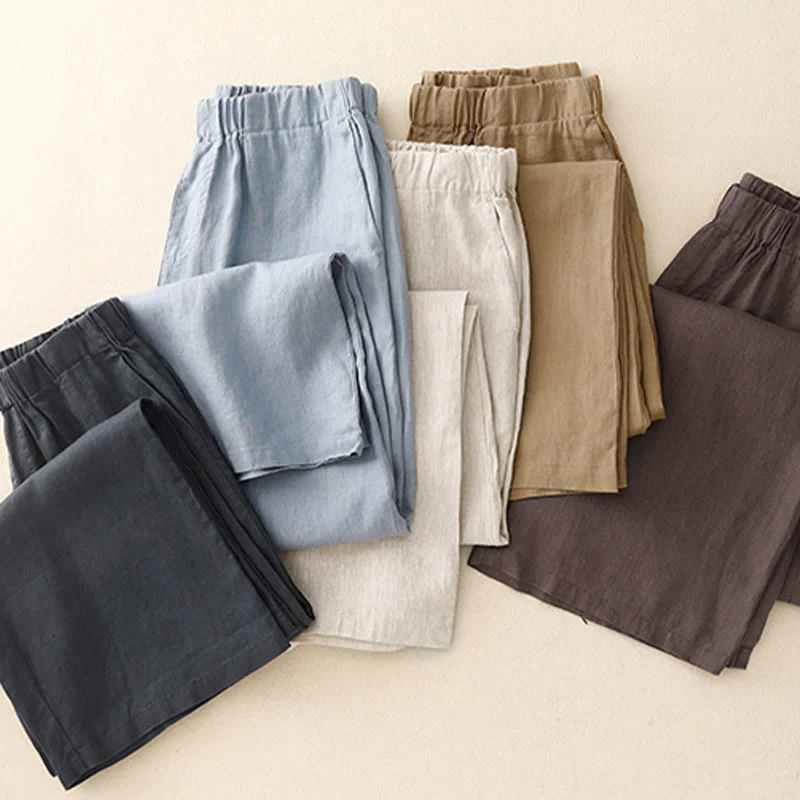 Buddha Stones Wild Plain Cotton Linen Women's Wide Leg Pants With Pockets