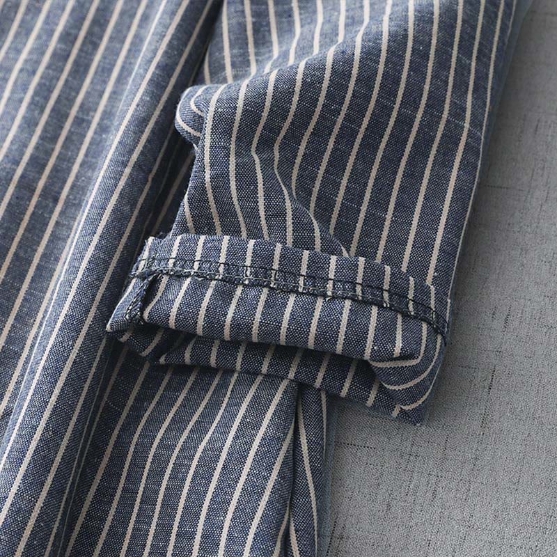 Buddha Stones LightSteelBlue White Striped Button Design Lapel Cotton Linen Midi Dress With Pockets