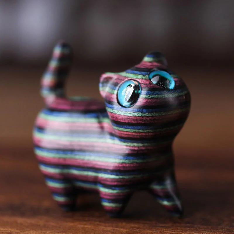 Buddha Stones Colored Sandalwood Carved Tilt Head Cat Healing Decoration