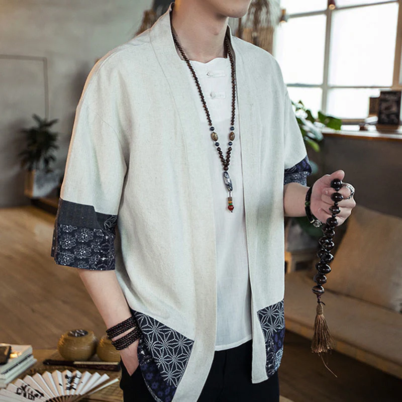 Buddha Stones Ethnic Printing Patchwork Design Open Front Jacket Cotton Linen Men's Kimono