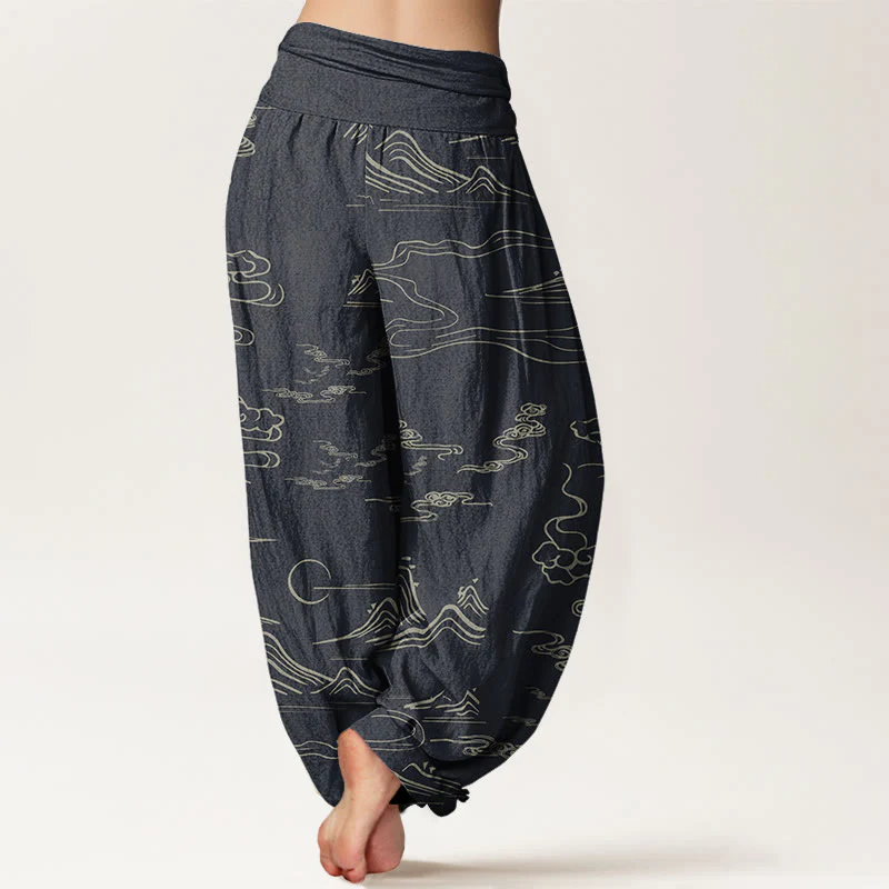 Buddha Stones Mountain Moon Auspicious Clouds Pattern Women's Elastic Waist Harem Pants