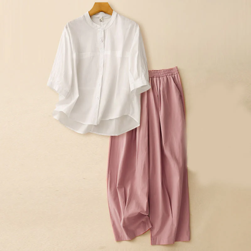 Buddha Stones 2pcs Women's Three-quarter Sleeve Shirt Harem Pants Meditation Clothing Set