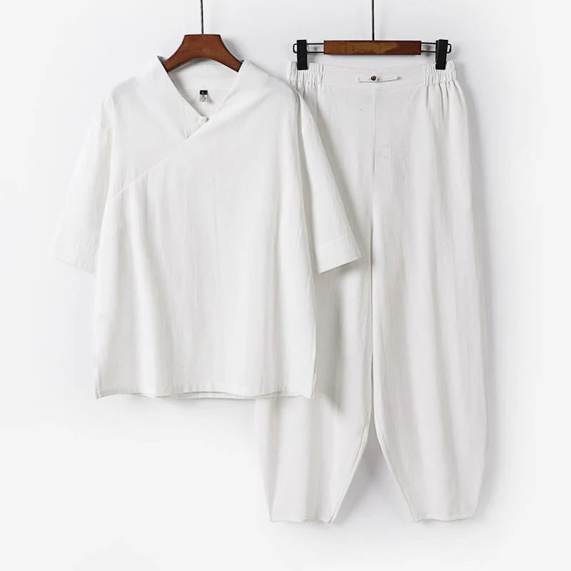 Buddha Stones 2Pcs V-Neck Cotton Half Sleeve Shirt Pants With Pockets Men's Meditation Cloth Set