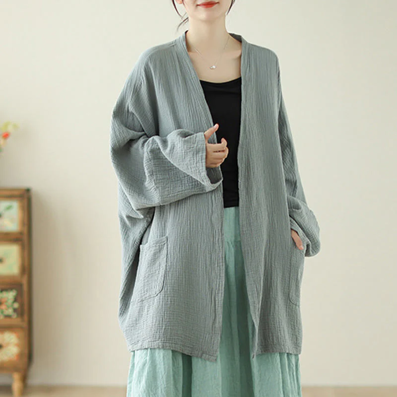 Buddha Stones Plain Long Sleeve Zen Meditation Cotton Linen Jacket With Pockets