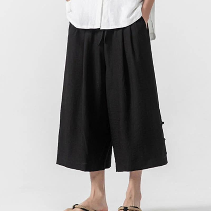 Buddha Stones Casual Loose Frog-Button Plain Men's Cotton 7-8 Length Wide Leg Pants With Pockets