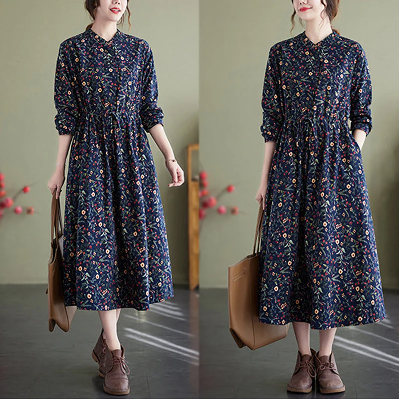 Buddha Stones Ethnic Printing Drawstring Long Sleeve Cotton Linen Midi Dress With Pockets