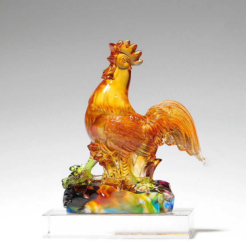 Buddha Stones Handmade Liuli Crystal Rooster Art Piece Home Decoration