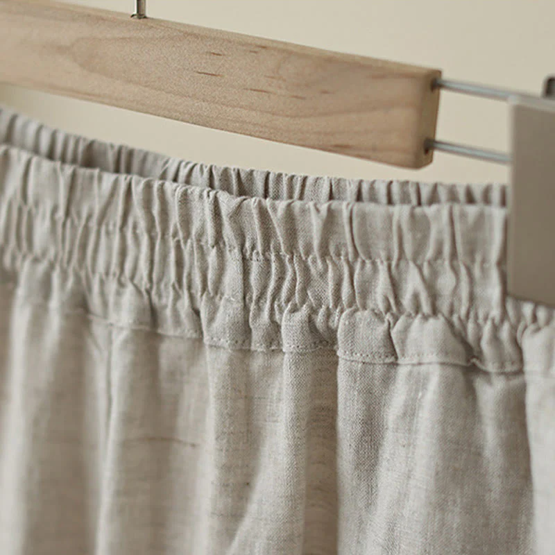 Buddha Stones Commute Retro Plain Lace Patchwork Design 7-8 Length Women's Wide Leg Cotton Pants With Pockets