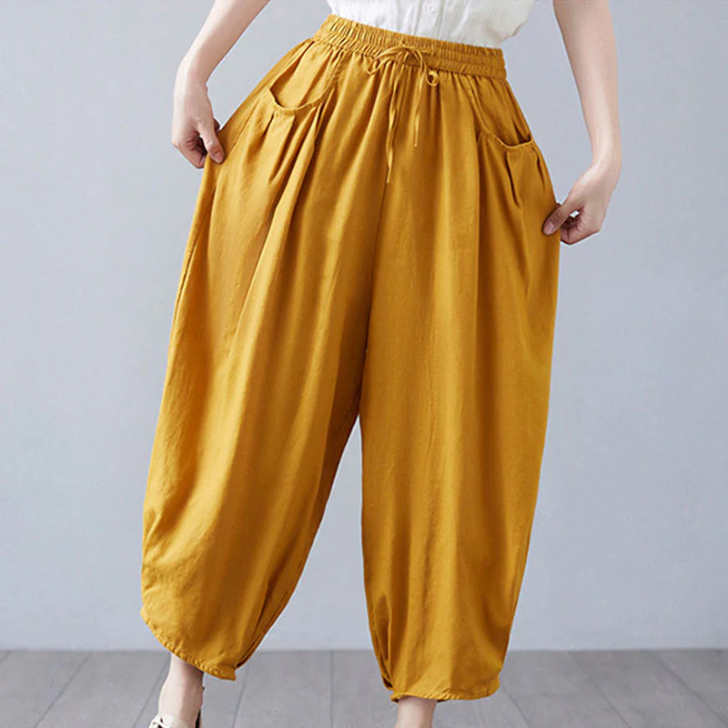 Buddha Stones Summer Plain Cropped Pants Women's Cotton Linen Harem Pants With Pockets