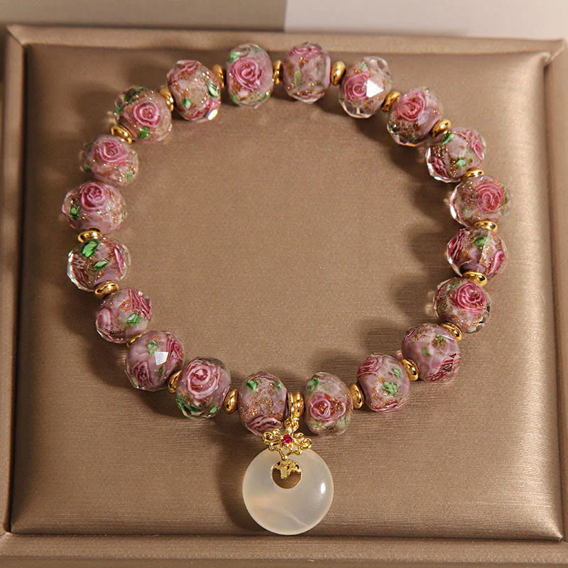 Buddha Stones Rose Liuli Glass Bead Peace Buckle Peace Bracelet